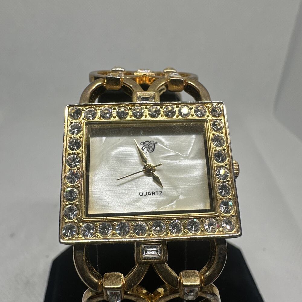 Elizabeth Taylor Quartz Women's Two-Tone Square Gem-Set Bezel Watch White Dial